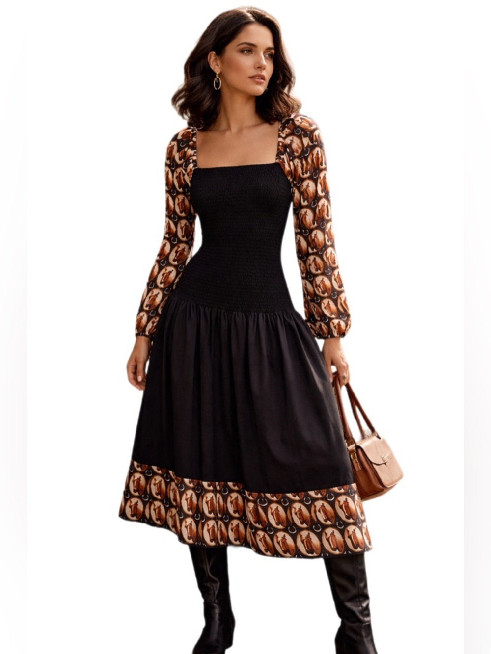 Autumn Adeigbo Black Equestrian Horse Print Midi Dress Size 4